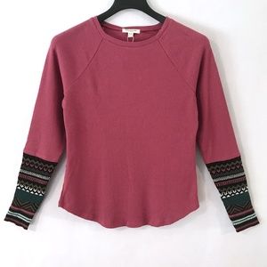 BeachLunchLounge Dusty Dark Rose Waffle Knit Thermal Tee Knit Cuffs